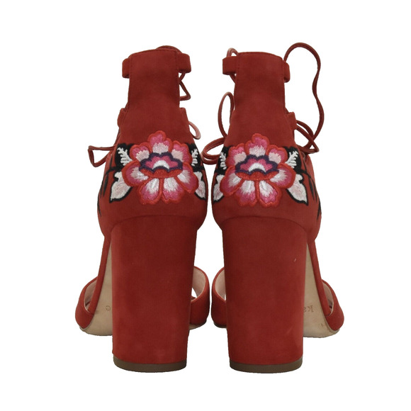 B0 NWOB KATE SPADE Red Suede Embroidered Accent Tie Block Heel Sandals Size 7 M - Picture 6 of 9